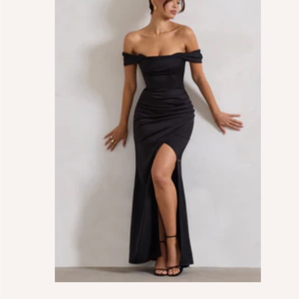 Kimberly Black Bardot Fishtail Satin Maxi Dress